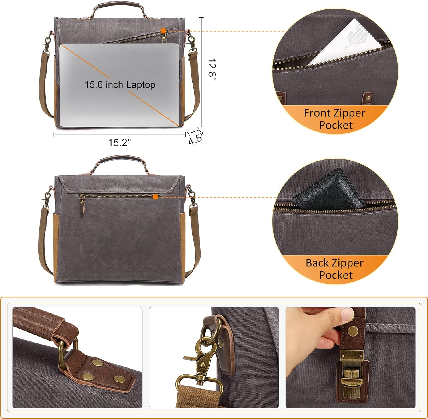 LOVEVOOK Mens Messenger Bag， 15.6 Inch Waterproof Waxed Canvas Briefcase Vintage Leather Computer Laptop Book Bag Large Satchel Shoulder Bag for Work， Travel， School - Image 4